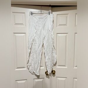 Women Sz M faux wrap stretch Waist‎ white linen pull on pants Boho Hippie Beach